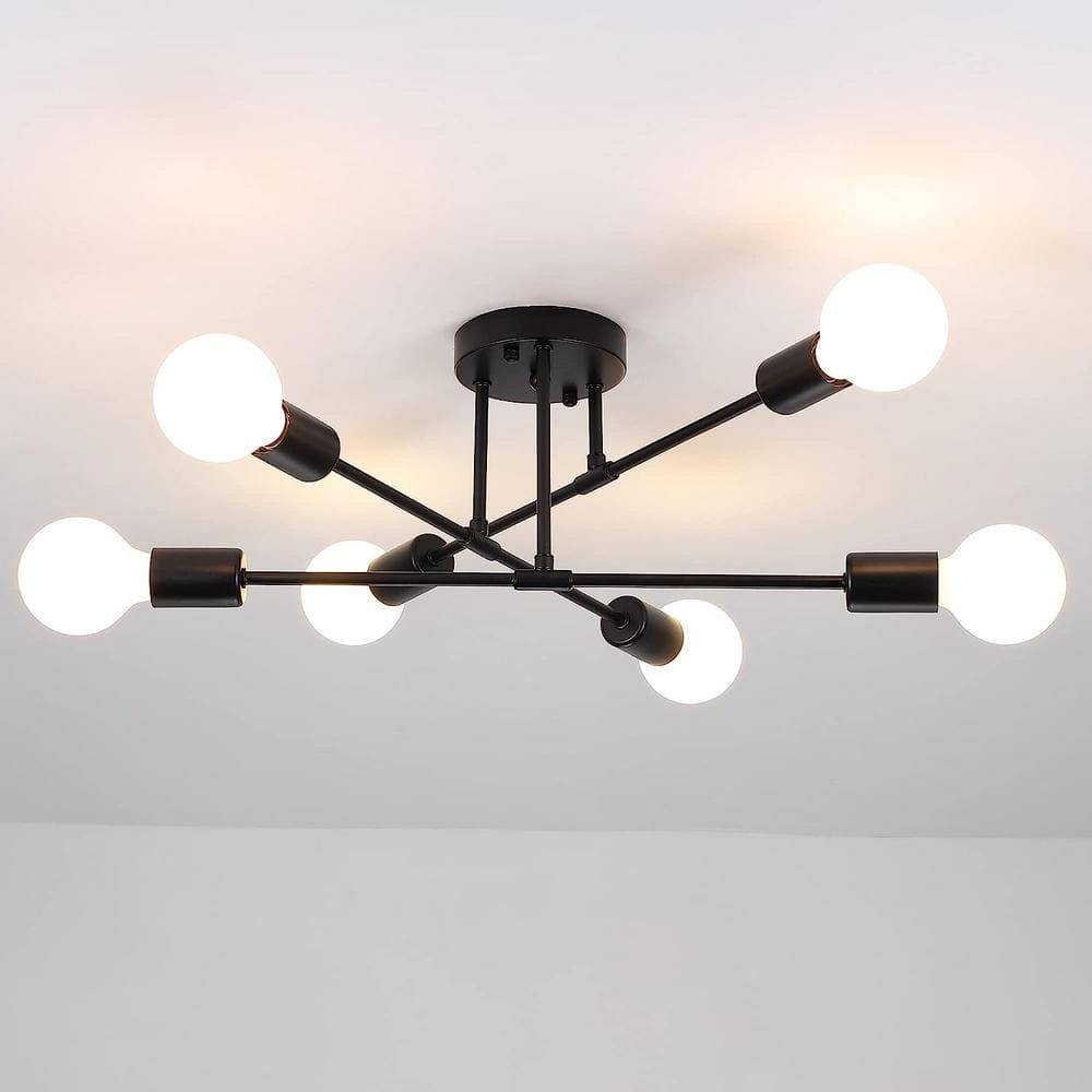 20.66 in. 6 Light Black Dimmable Sputnik Chandelier Modern Linear Semi-Flush Mount Ceiling Light for Office Living Room - Hercitys