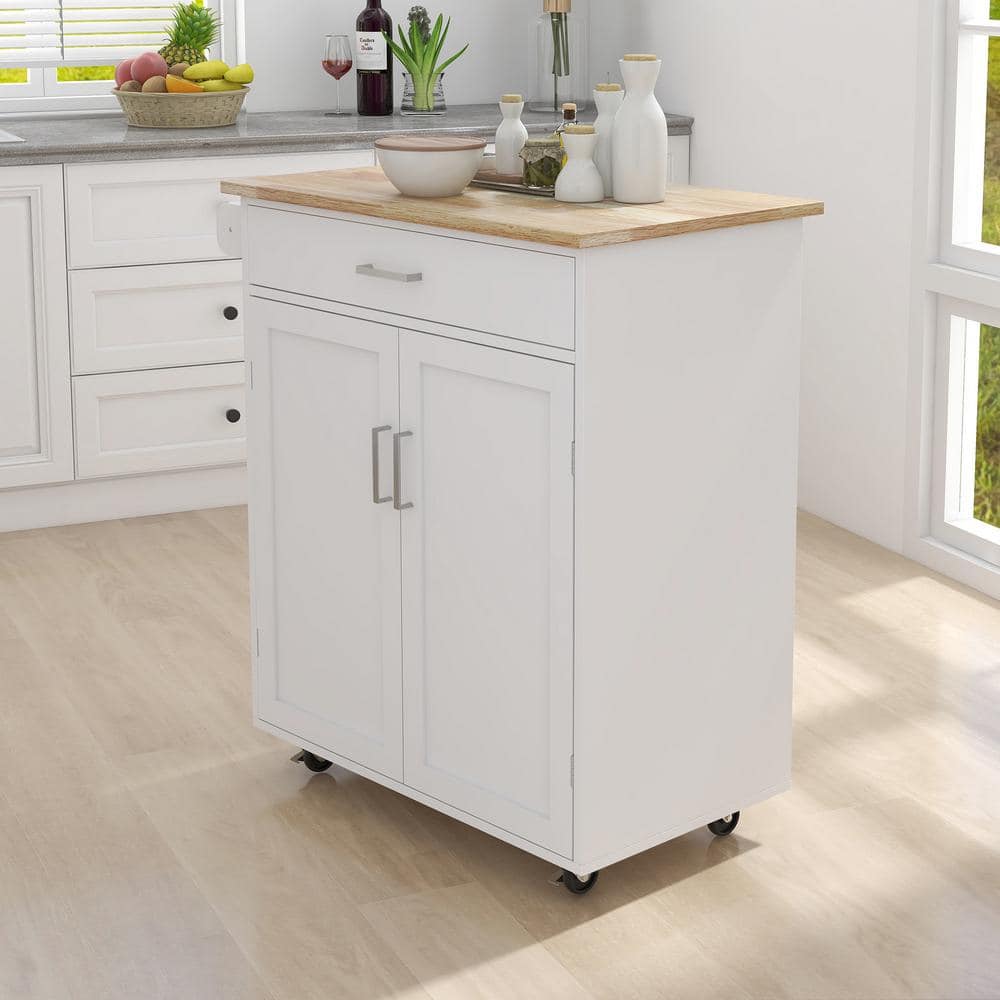 32.68 inch White Wood Kitchen Cart with Adjustable Shelves and Towel Rack Rubber Wood Table Top - Hercitys