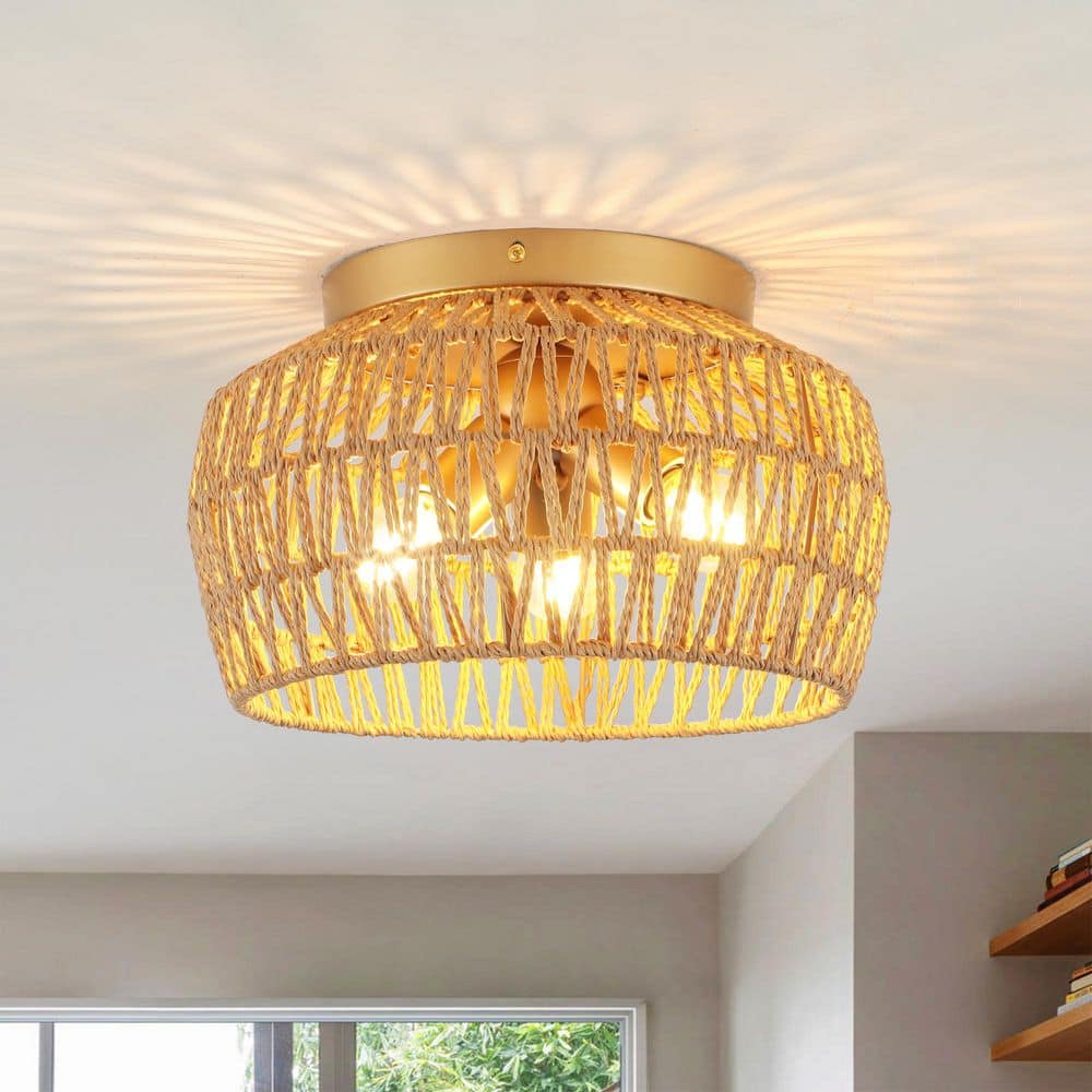 12.59 in. 3-Light Gold Rattan Semi Flush Mount Chandelier for Hallway Entryway Dining Room and No Bulbs Included - Hercitys