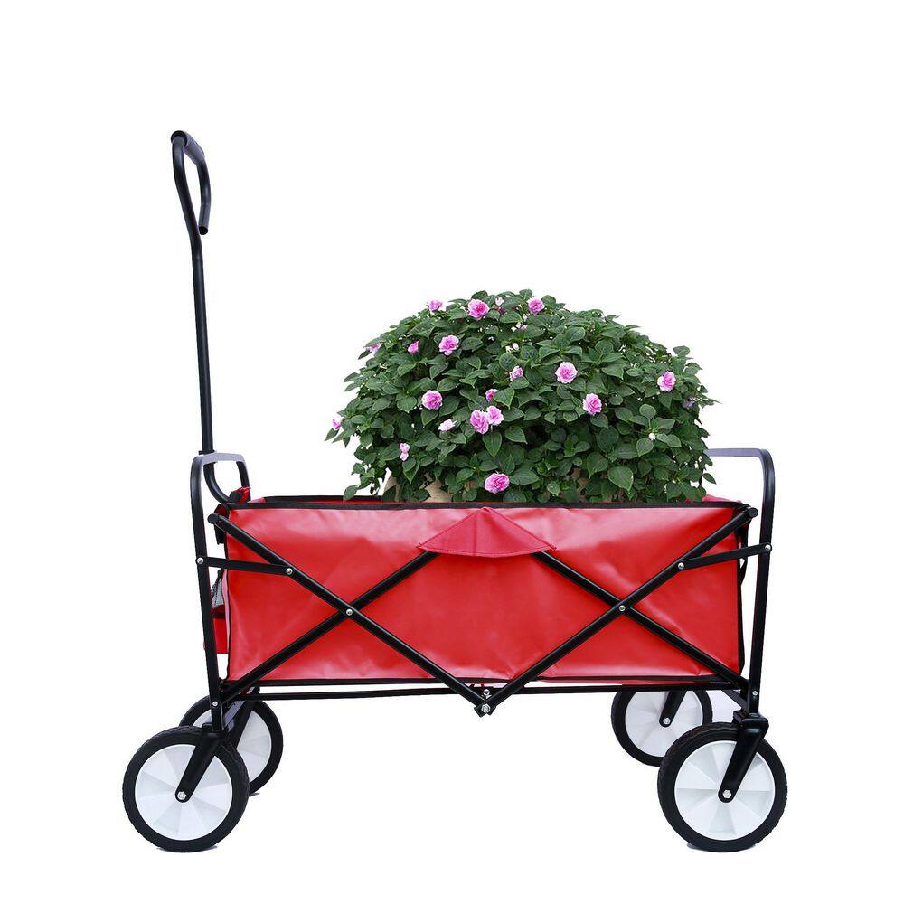 3.6 cu. ft. Folding Wagon Steel Garden Cart With Mesh Pocket Red - Hercitys
