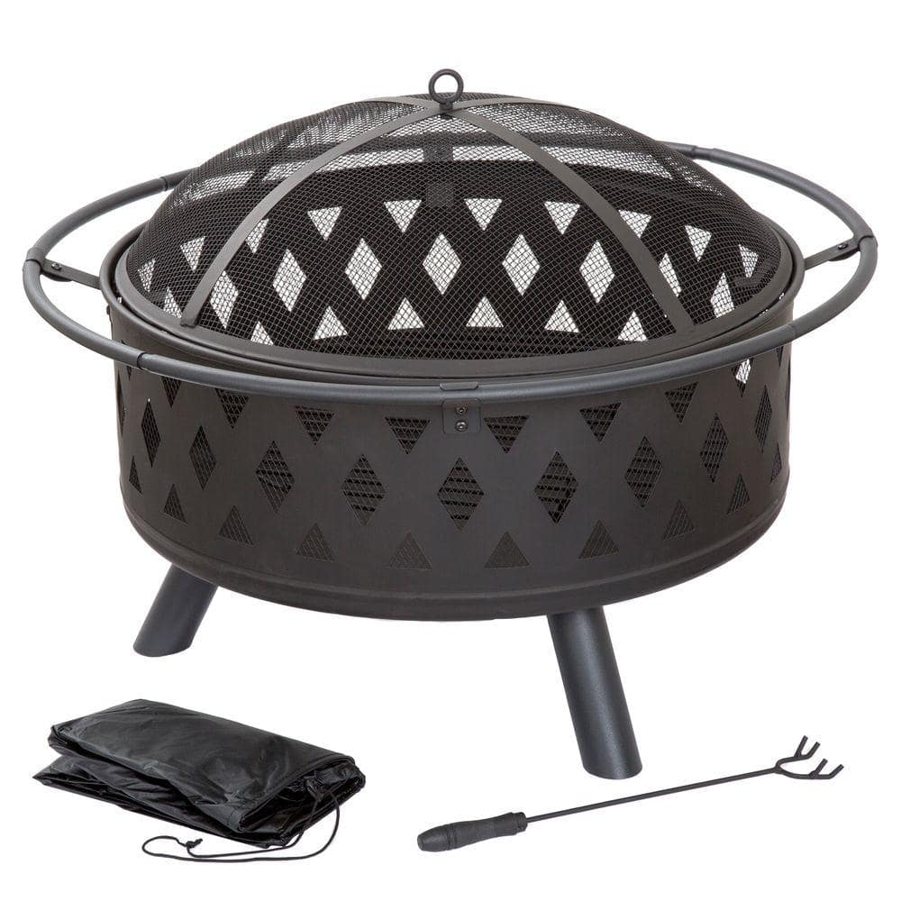 32 in. Round Steel Crossweave Firepit with Cover - Hercitys