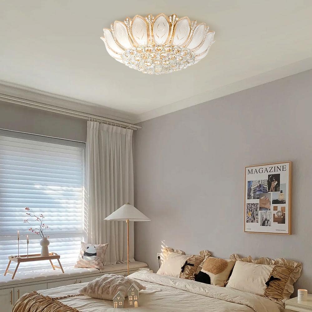 23 in. 7-Light Modern Gold Lotus Flower Shape Flush Mount Ceiling Lamp with Remote Control - Hercitys