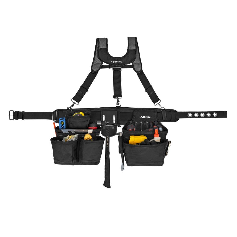 16-Pocket Black Carpenter’s Tool Belt with Suspenders - Hercitys