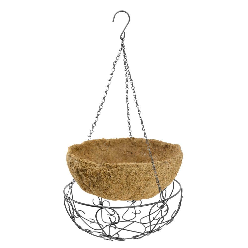 14 in. Painted Steel Filigree Hanging Basket with Coco Liner - Hercitys