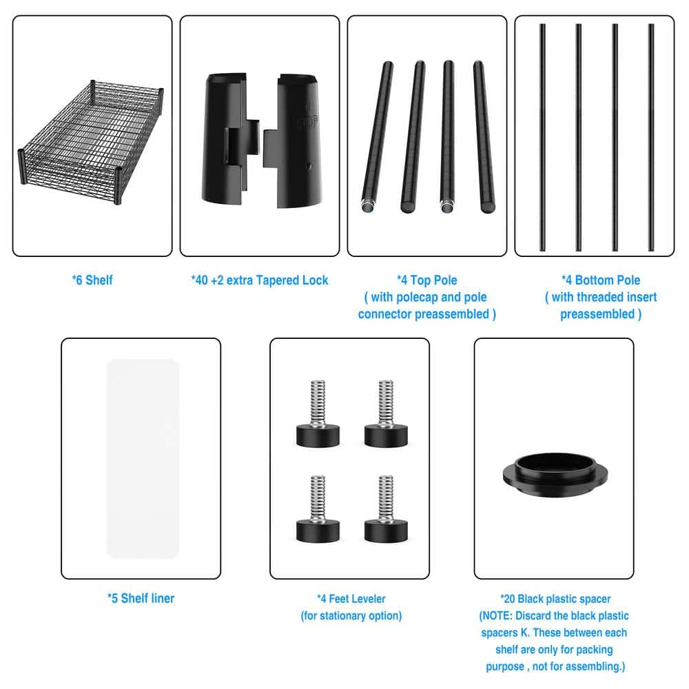 5-Tier Heavy Duty Steel Wire Shelving Unit in Black (16 in. W x 36 in. H x 72 in. D) - Hercitys
