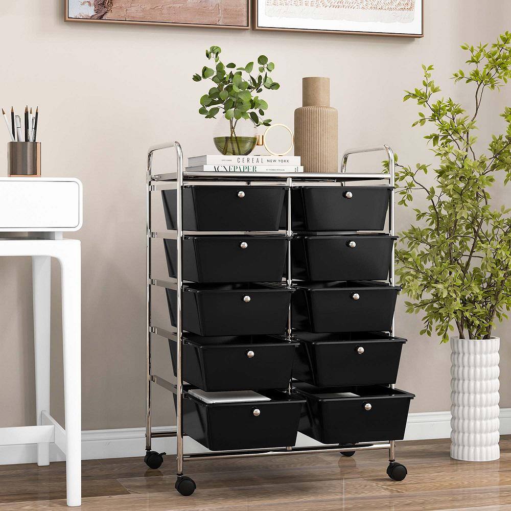 10-Drawer 4-Wheeled Plastic Storage Cart Utility Rolling Trolley Kitchen Office Organizer in Black - Hercitys