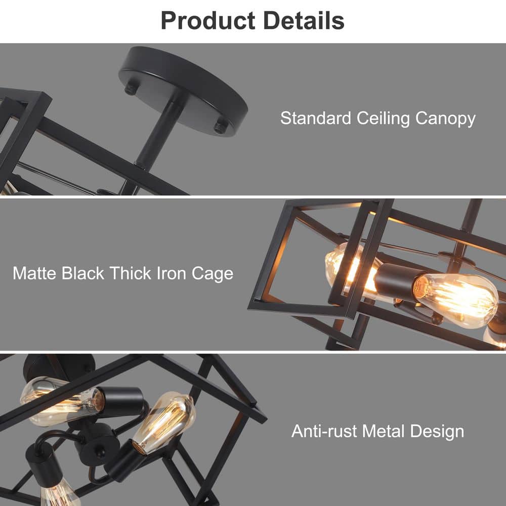 18.11 in. 3 Light Matte Black Modern Farmhouse Hexagon Semi-Flush Mount Ceiling Light - Hercitys