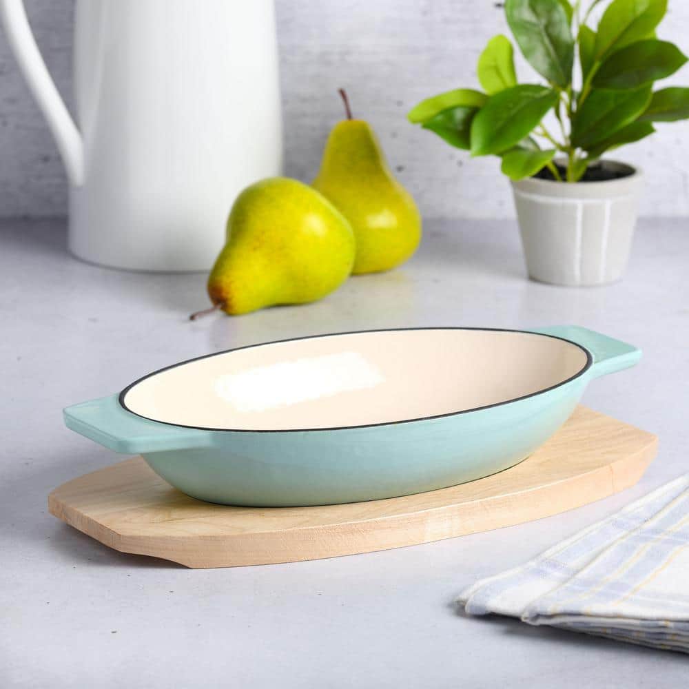 2-Piece Enameled Cast Iron Oval Casserole Birch Wood Trivet Set in Aqua - Hercitys