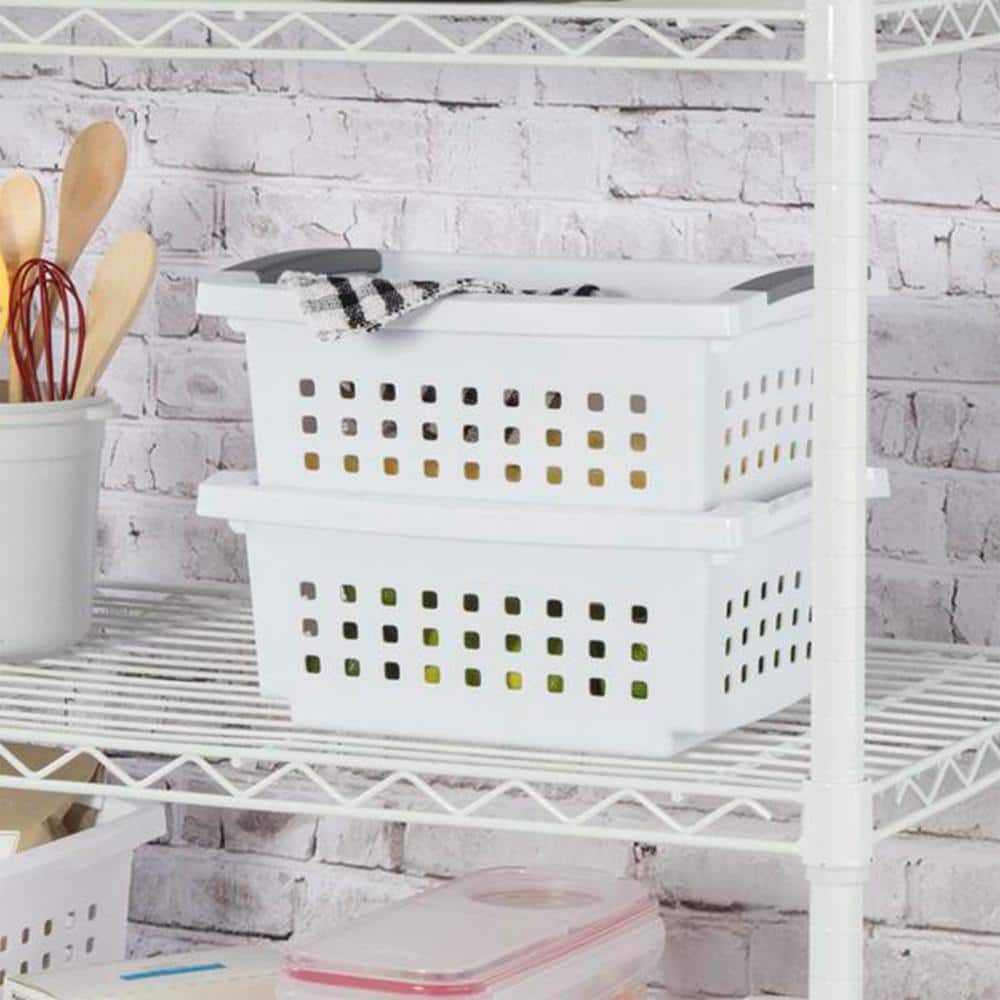 5.38 in. D x 8.63 in. W x 12.5 in. H White Small Stacking Basket with Titanium Accents (8-Pack) - Hercitys