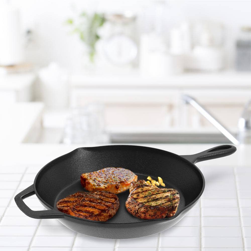 12 in. Cast Iron Skillet in Black with Pour Spout - Hercitys