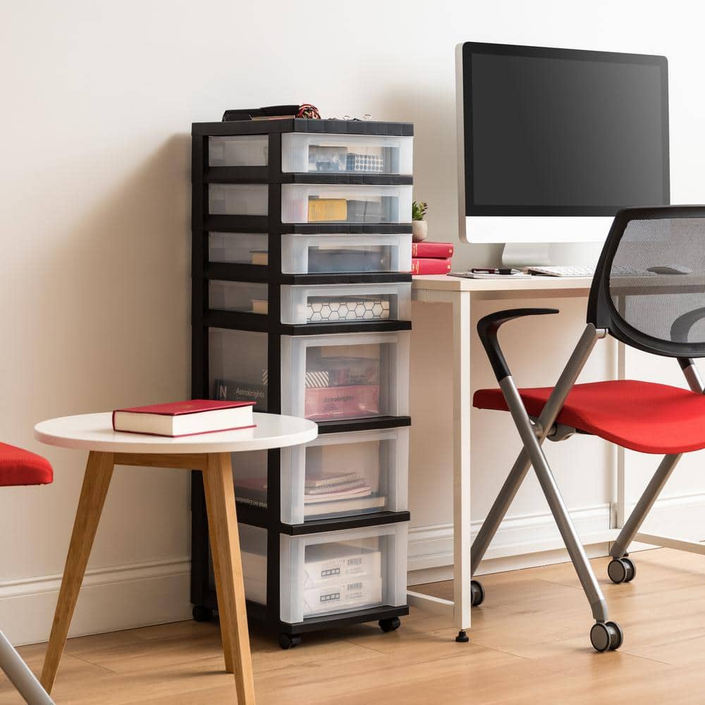 14.25 in. D x 12.05 in. W x 37.75 in. H 6-Drawer Storage Cart with Organizer Top in Black and Pearl - Hercitys