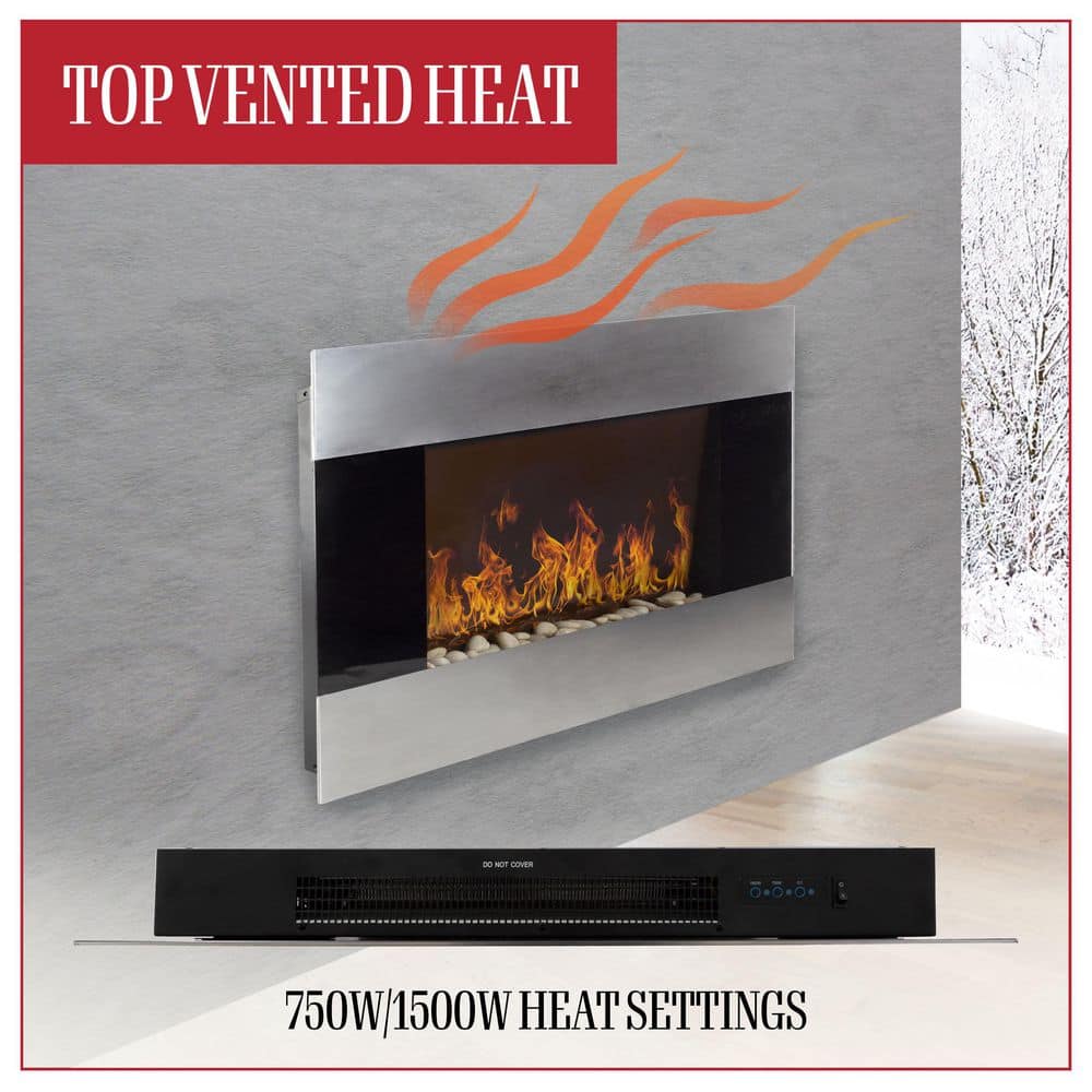 36 in. Stainless Steel Electric Fireplace with Wall Mount and Remote in Silver - Hercitys