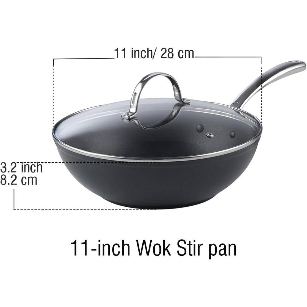 11 in. Hard-Anodized Nonstick Stir-Fry Wok with Glass Lid Stainless Handle Oven Safe, Gas & Electric Stovetop Compatible - Hercitys