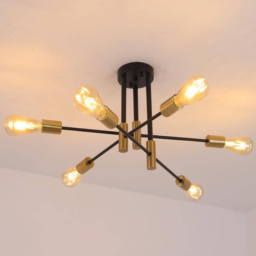 32.7 in. 6-Light Black Unique Modern Sputnik Semi-Flush Mount with Aged Brass Socket Cups - Hercitys