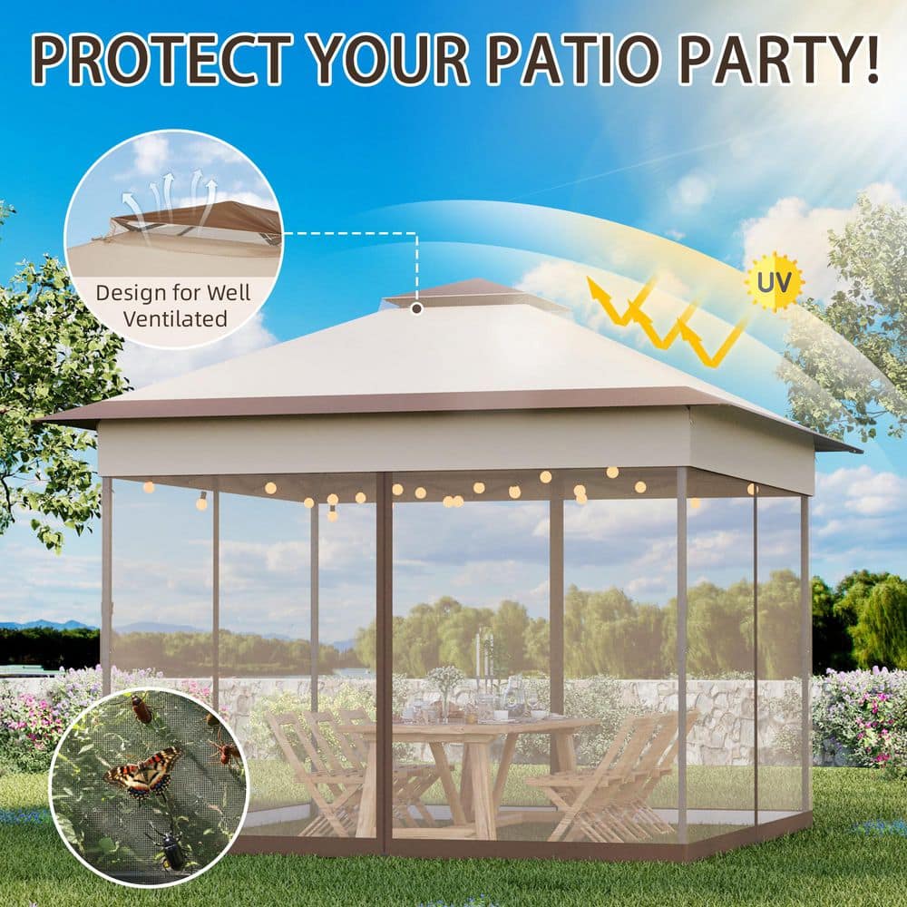 11 ft. x 11 ft. Khaki Pop-Up Gazebo Tent with Mosquito Netting - Hercitys