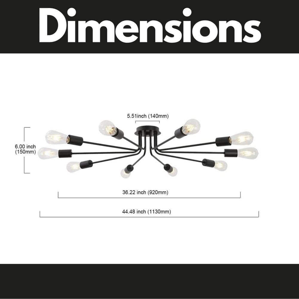 44.5 in. W 10-Light Black Sputnik Chandelier Semi Flush Mount Ceiling Light Fixture, E26, No Bulbs - Hercitys