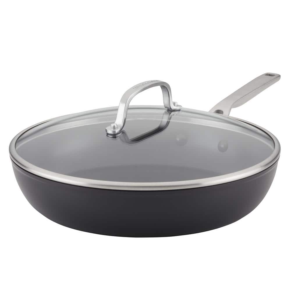12.25 in. Hard-Anodized Induction Aluminum Nonstick Frying Pan with Lid Black Matte - Hercitys