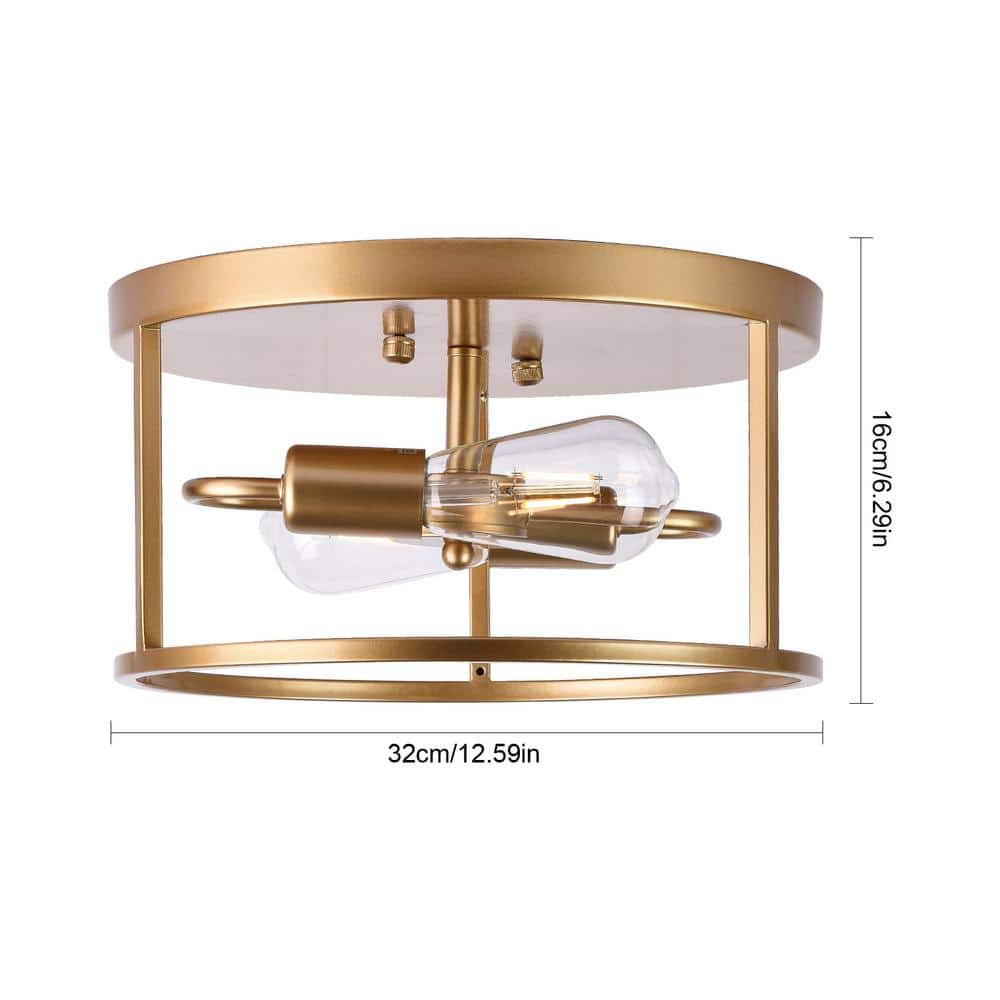 2-Light Gold Farmhouse Round Cage Flush Mount Ceiling Light with No Bulbs Included 12.59 in. - Hercitys