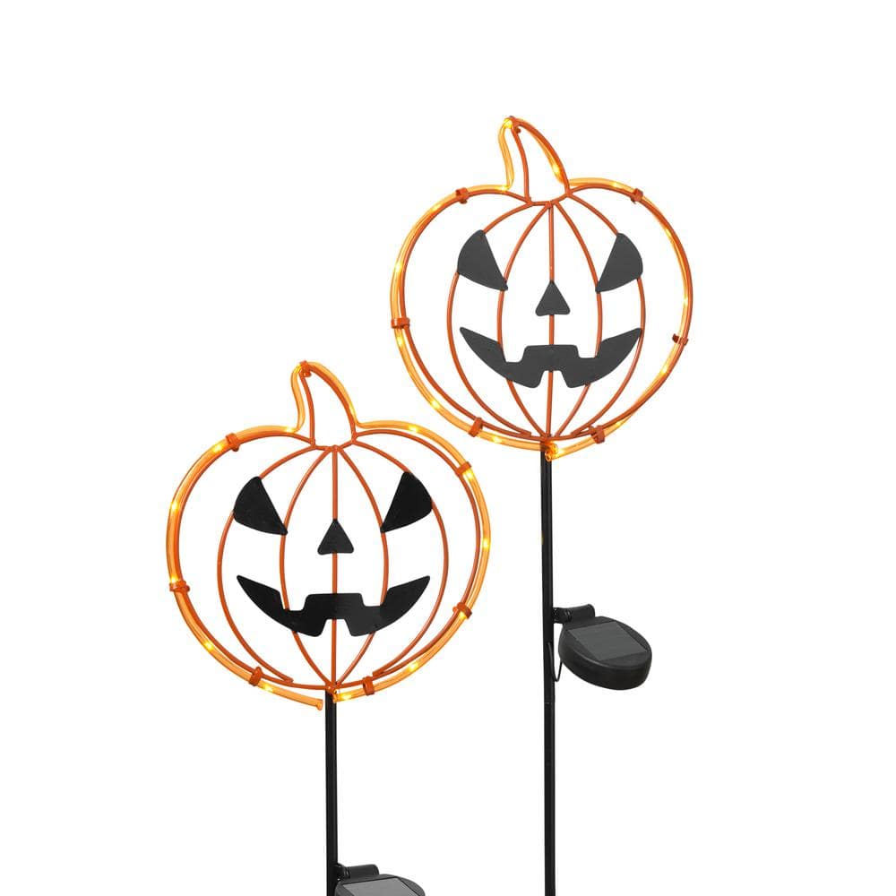 31.8 in. H Solar Lighted Metal Halloween Pumpkin Face Yard Stake (Set of 2) - Hercitys