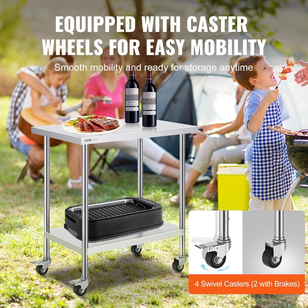 24 x 36 x 38 in. Stainless Steel Commercial Kitchen Prep Table with 4-Wheels 3-Adjustable Height Levels Silver - Hercitys