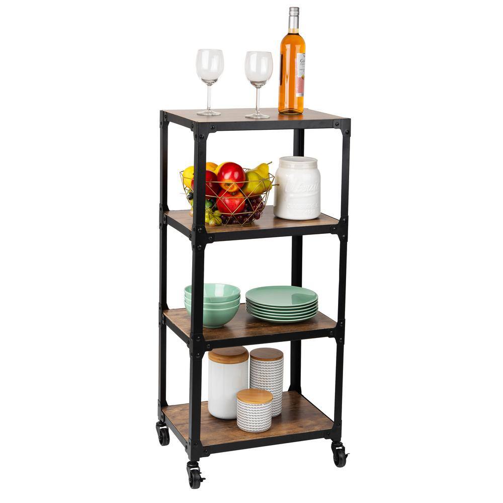 4-Tier Metal/Wood, 4-Wheeled Rolling Utility Cart Bar Cart in Black - Hercitys