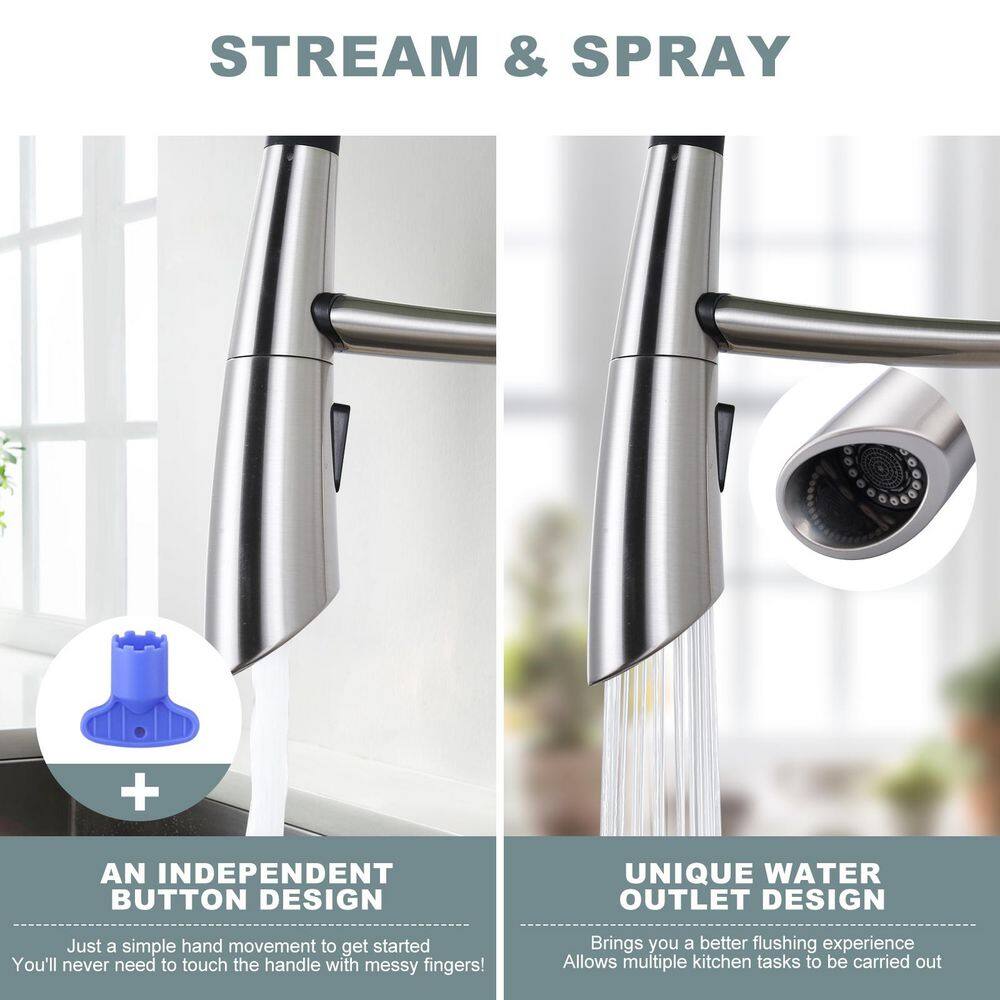 19.9 Magnetic 360 ° Spout Swivel Pull Down Sprayer Kitchen Faucet with Deckplate and Supply Line in Brushed Nickel - Hercitys