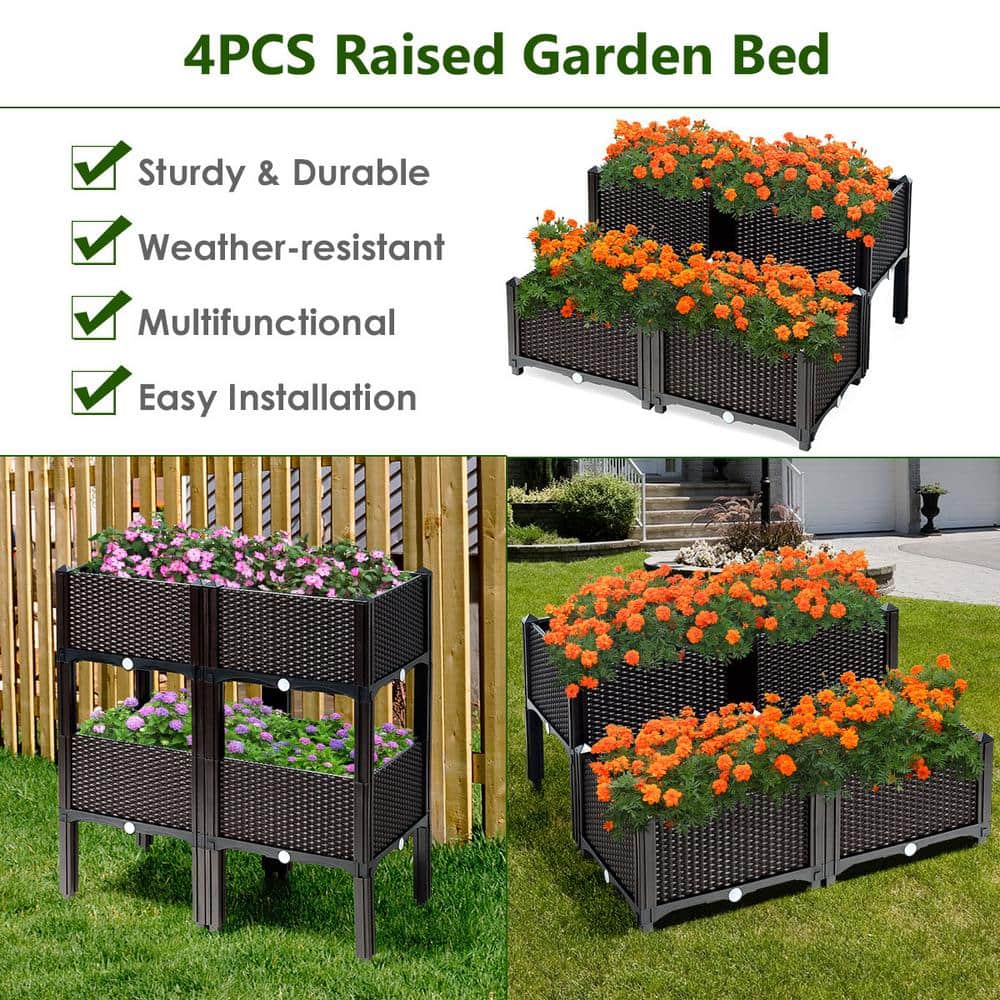 16 in. L x 16 in. W x 17.5 in. H Black Plastic Raised Bed Elevated Flower Vegetable Herb Grow Planter Box (Set of 4) - Hercitys
