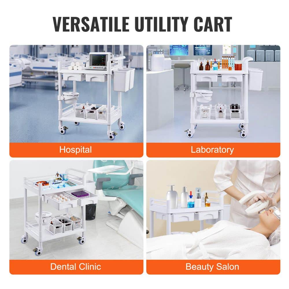 2 Tiers Lab Carts, Mobile Medical Cart with PP Material, 2 Drawers & 4 Silent Wheels, White Plastic Kitchen Cart - Hercitys