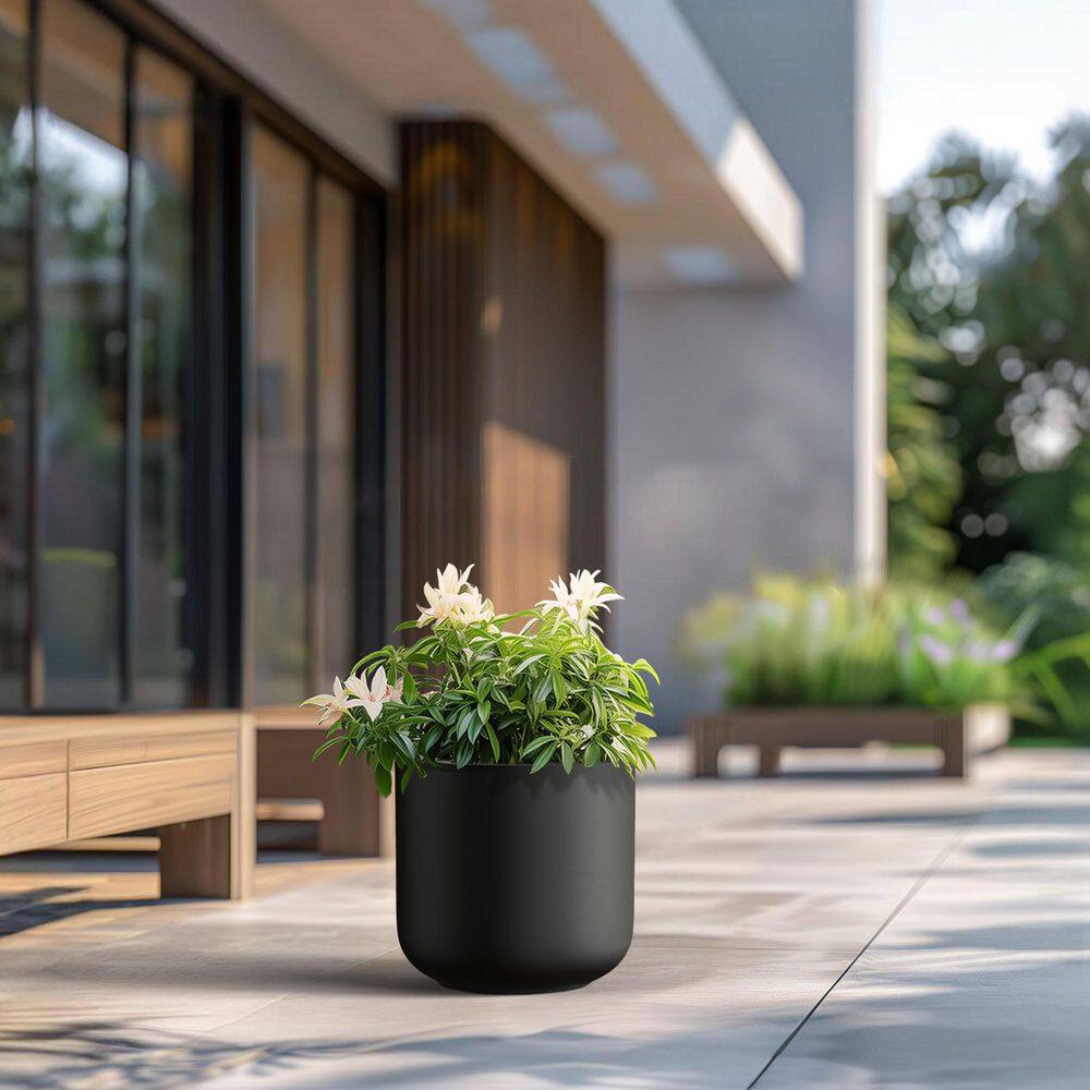 17.5 in. Large Charcoal Black Concrete Round Planter / Pot with Drainage Holes - Hercitys