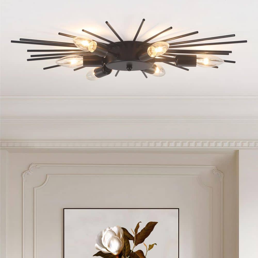 23.82 in. 6-Light Black Modern Starburst Flush Mount Ceiling Light - Hercitys
