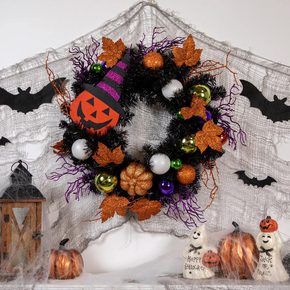 24 in. Black Unlit Jack-O-Lantern in Witches Hat Halloween Wreath - Hercitys