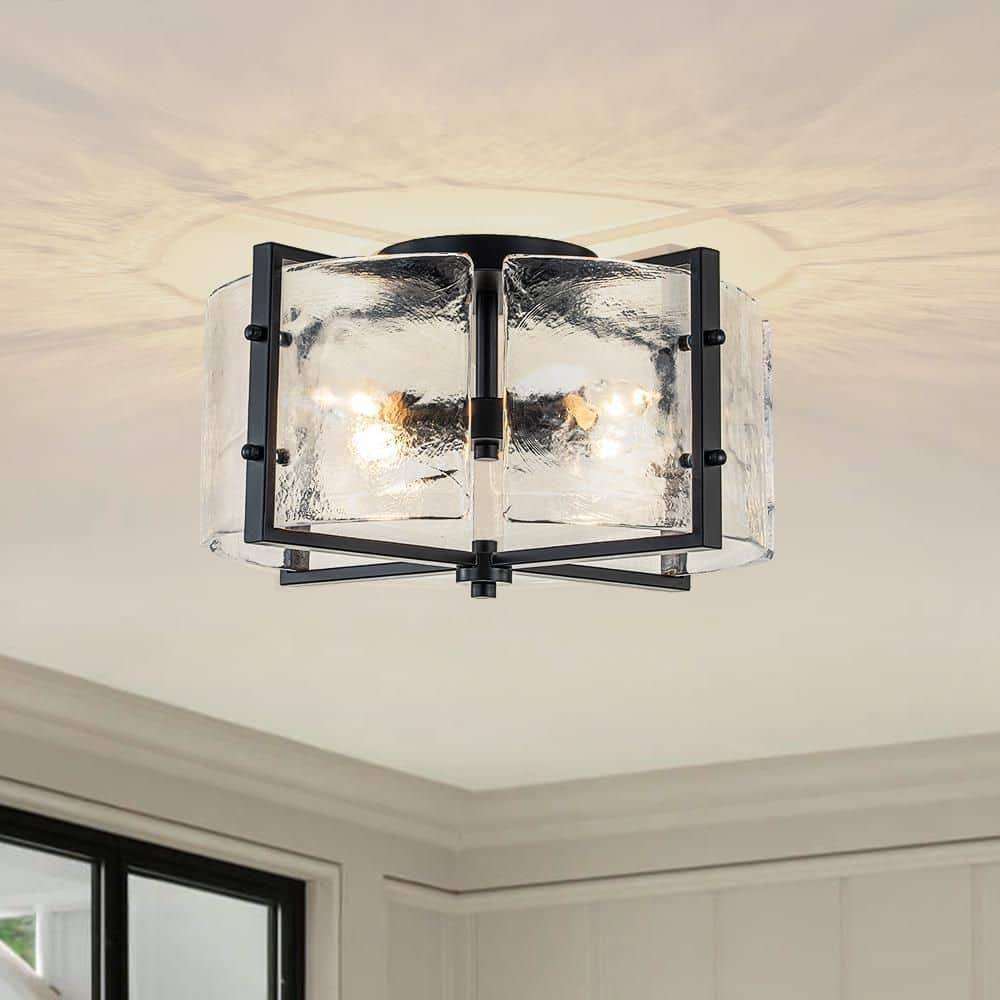 16.73 In. 4-Light Matte Black Modern Ceiling Light Semi-Flush Mount Fixture With Curved Textured Glass Shade - Hercitys