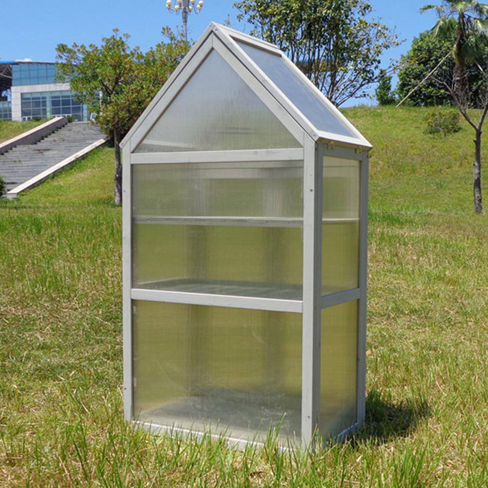 27.55 in. W x 16.14 in. D x 52.36 in. H Wood Gray Mini Greenhouse with Adjustable Roof Panels, Adjustable Shelf - Hercitys