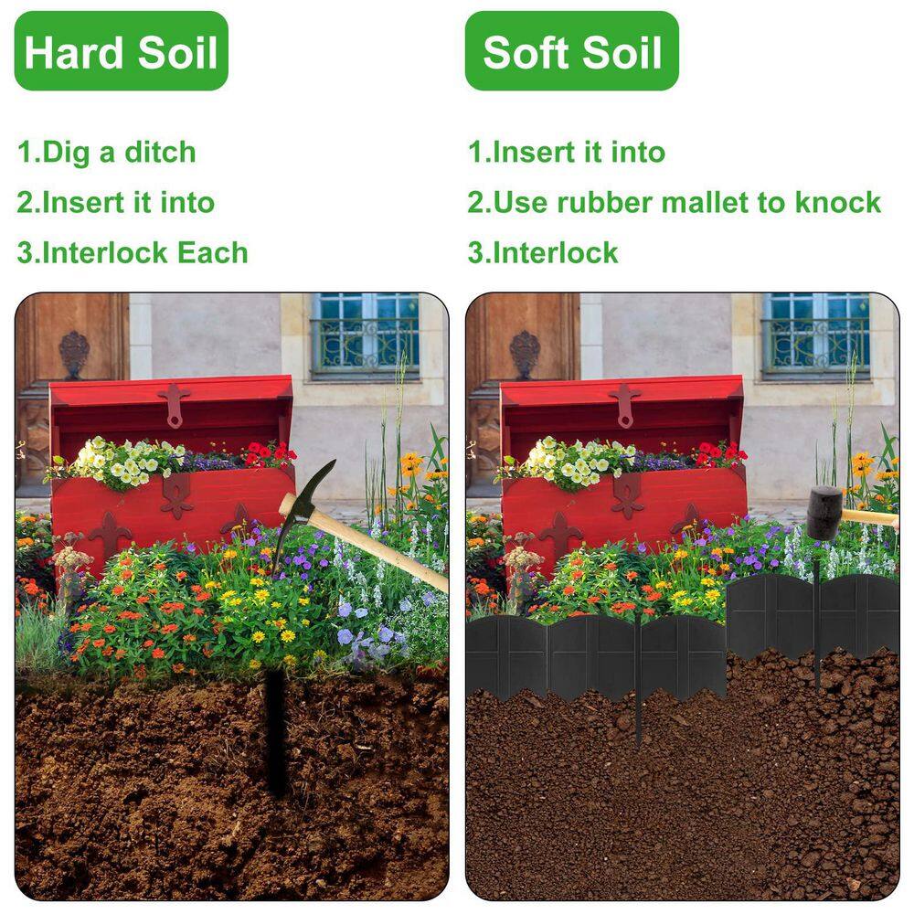 20-Piece 5.9 in. L x 12.2 in. W Black Plastic Garden Edging Border, 20 ft. Landscaping Edging for Garden with 20 Stakes - Hercitys