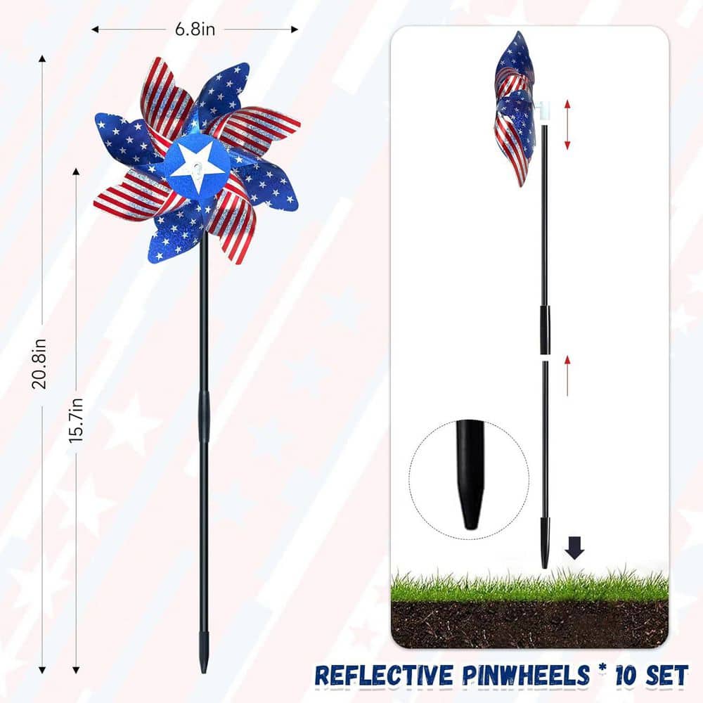 10-Pack Reflective Pinwheels with Patriotic Deterrent Bird Spikes - Hercitys