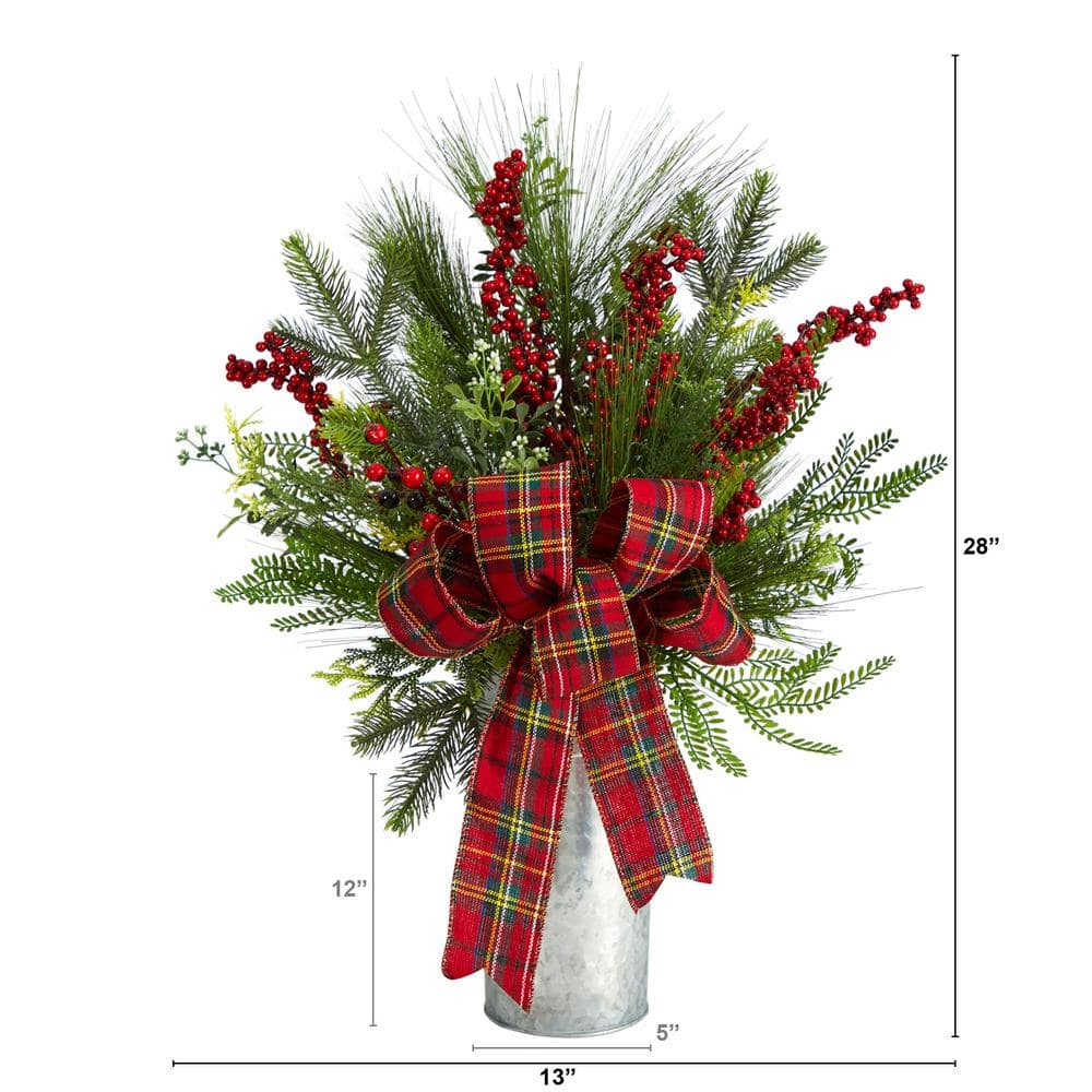 28 in. Unlit Holiday Winter Greenery, Berries and Plaid Bow Artificial Christmas Arrangement Home Decor - Hercitys
