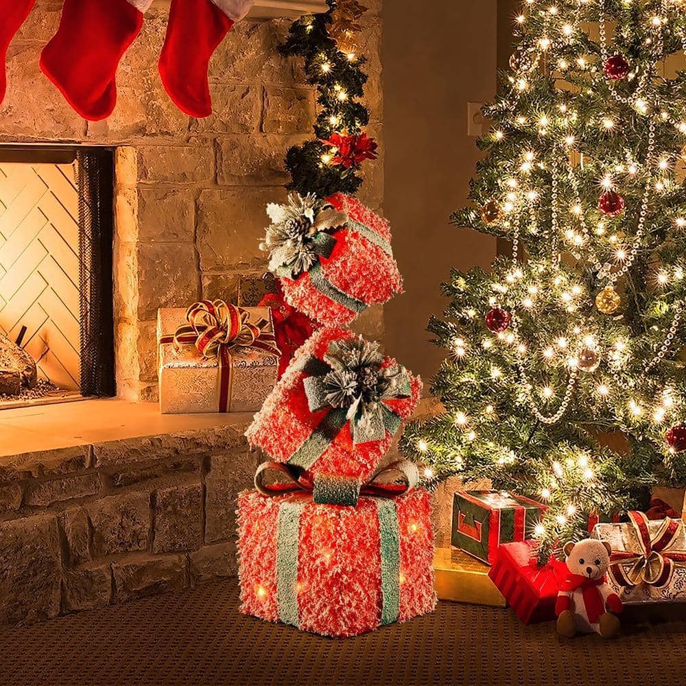 31.89 in. H Red Frosted Gift Boxes with Battery Operated Christmas Lights - Hercitys