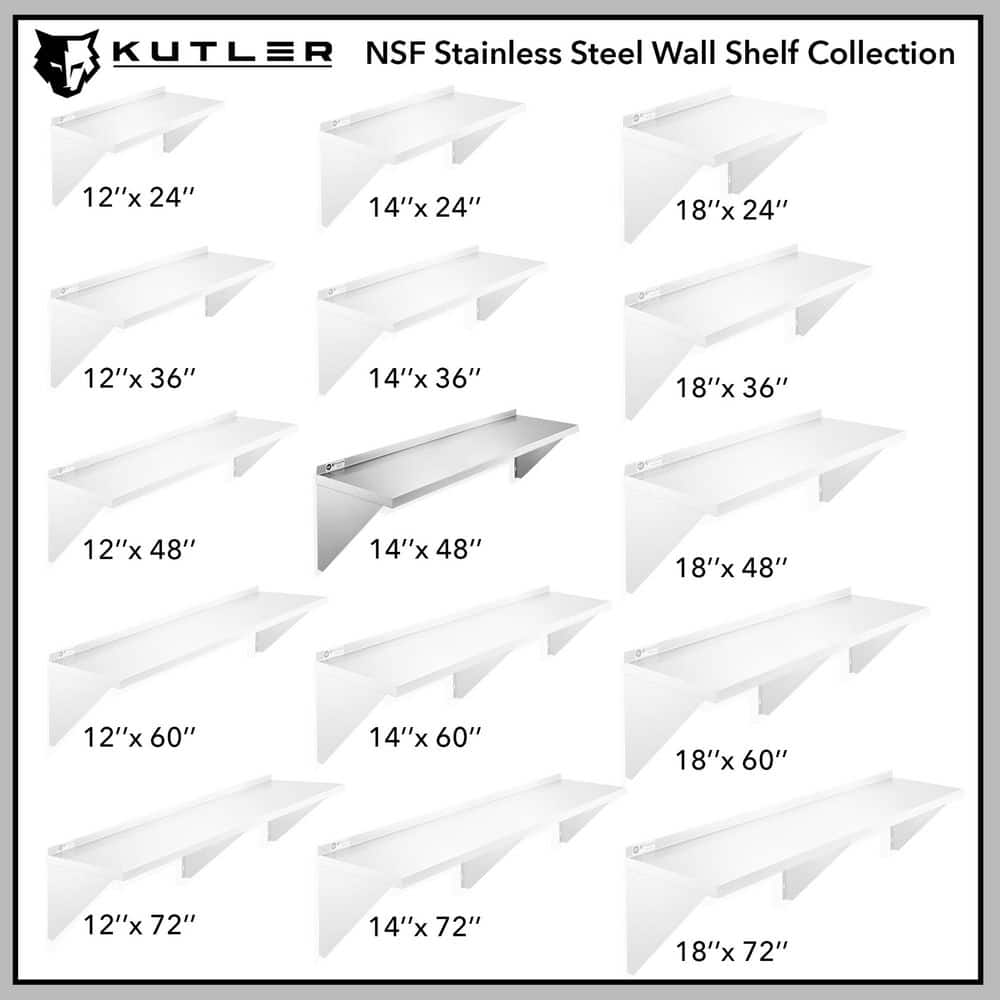 48 in. W x 14 in. D Stainless Steel Wall Mounted Shelf, Restaurant, Kitchen, Laundry, NSF Certified Garage Wall Shelf - Hercitys