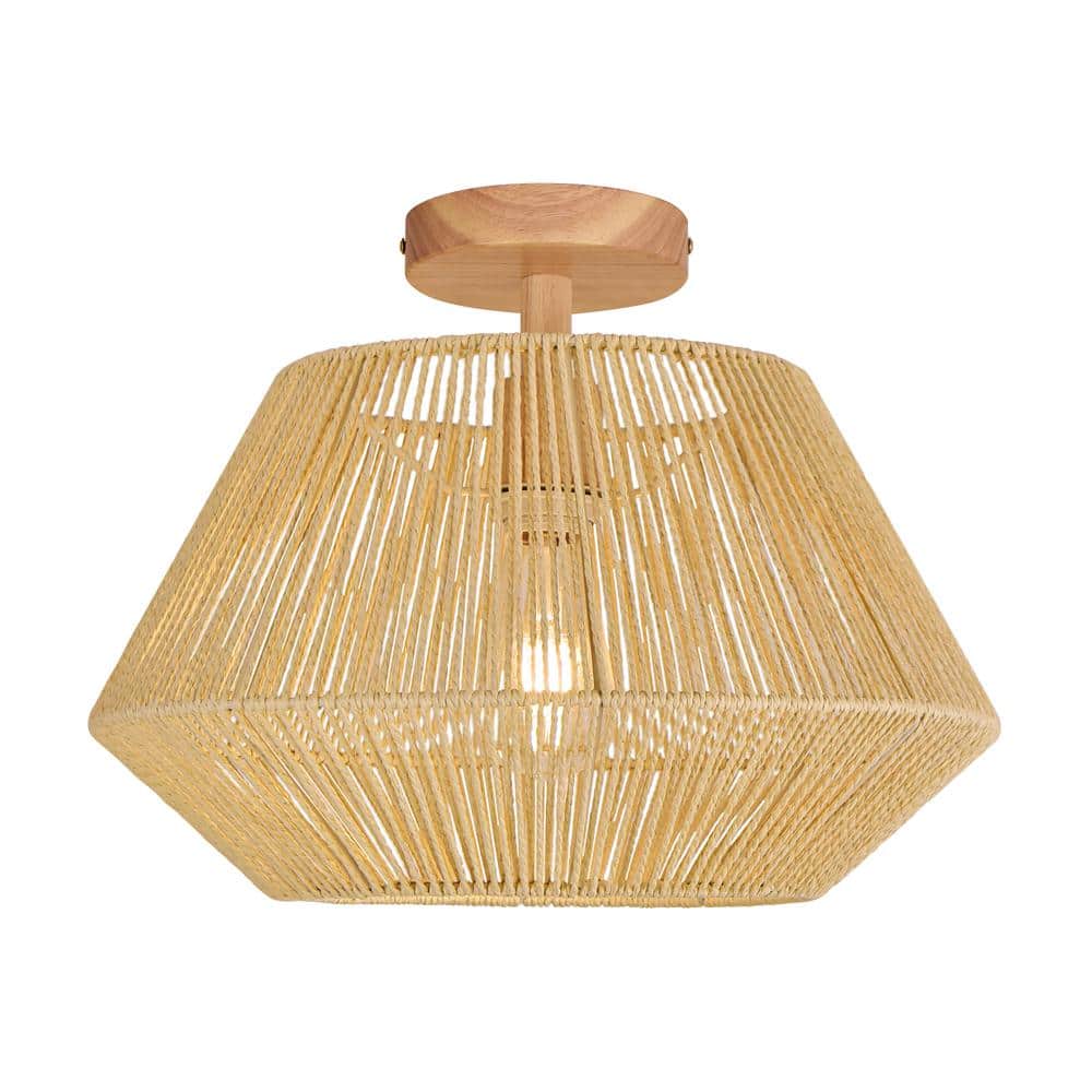 16 in. 1-Light Cream Small Semi-Flush Mount Ceiling Light with natural Simple Hand Weaved shade - Hercitys