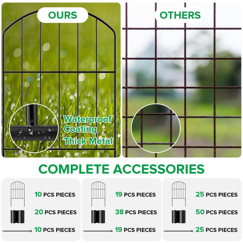 24 in. Black Metal Garden Fence, 10-Panels, 10.5 ft. Length, Easy Install - Hercitys