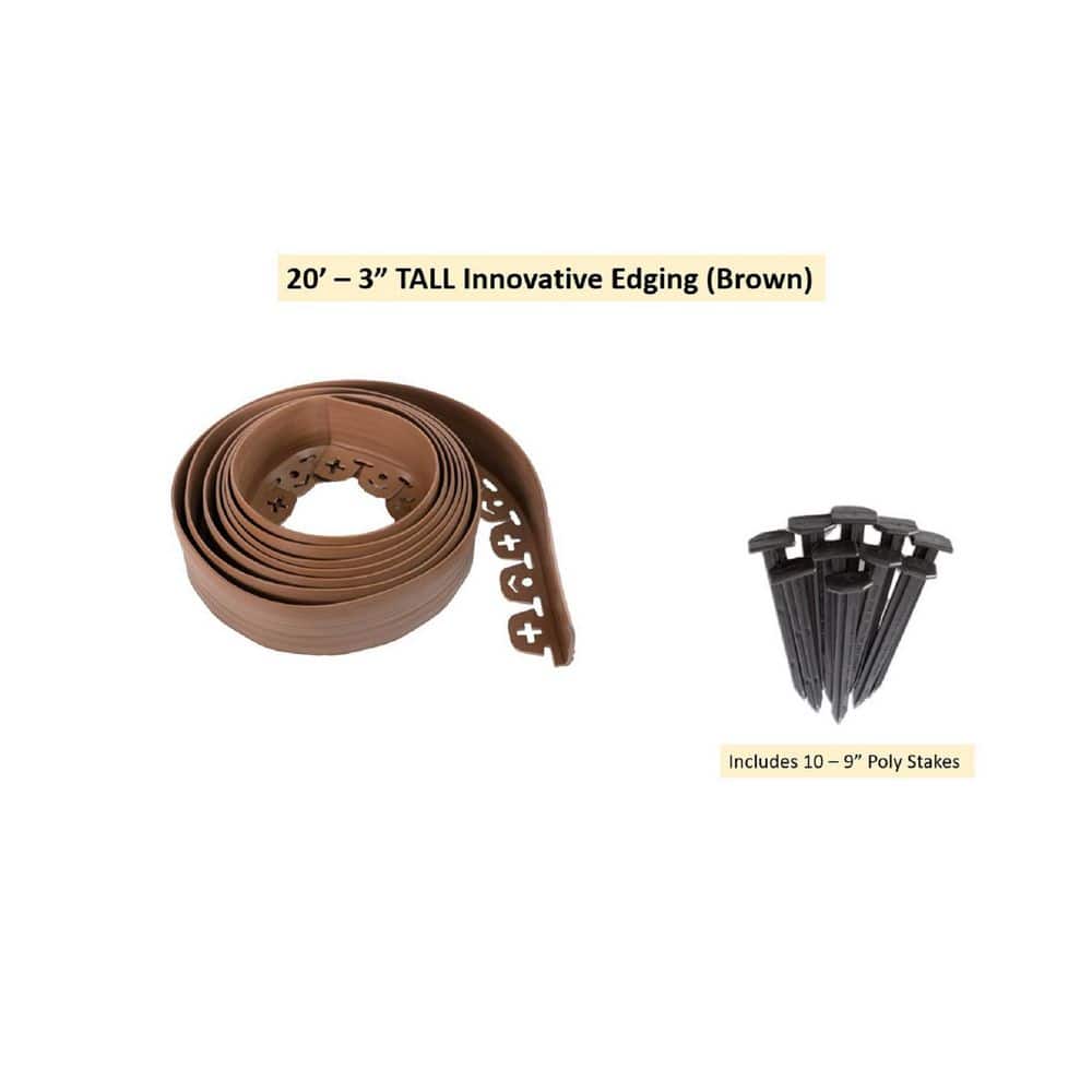 20 ft. L x 2 in. W x 3 in. H Light Brown Tall Resin Innovative Edge No Dig Edging with 9 in. Poly Stakes (10-Quantity) - Hercitys