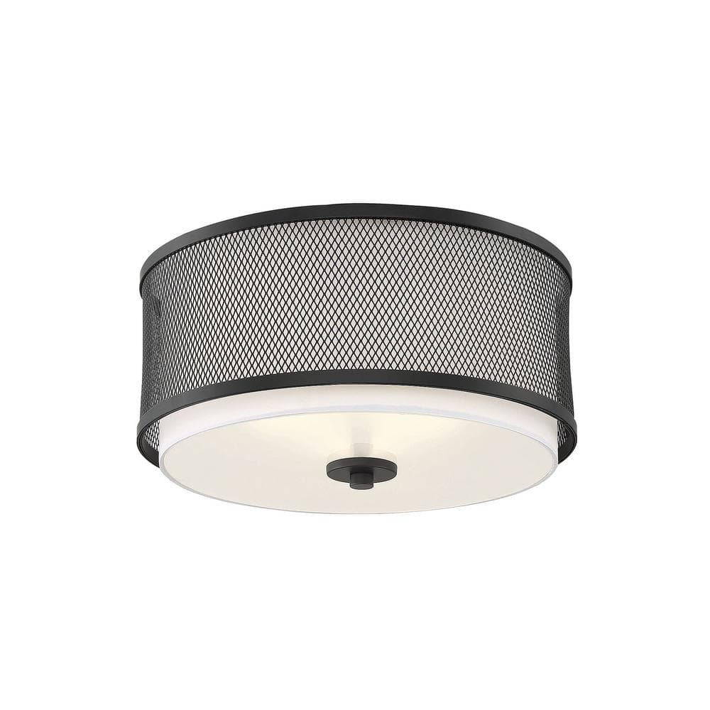 14.75 in. W x 6.25 in. H 3-Light Matte Black Flush Mount Ceiling Light with White Fabric Shade and Metal Mesh Frame - Hercitys