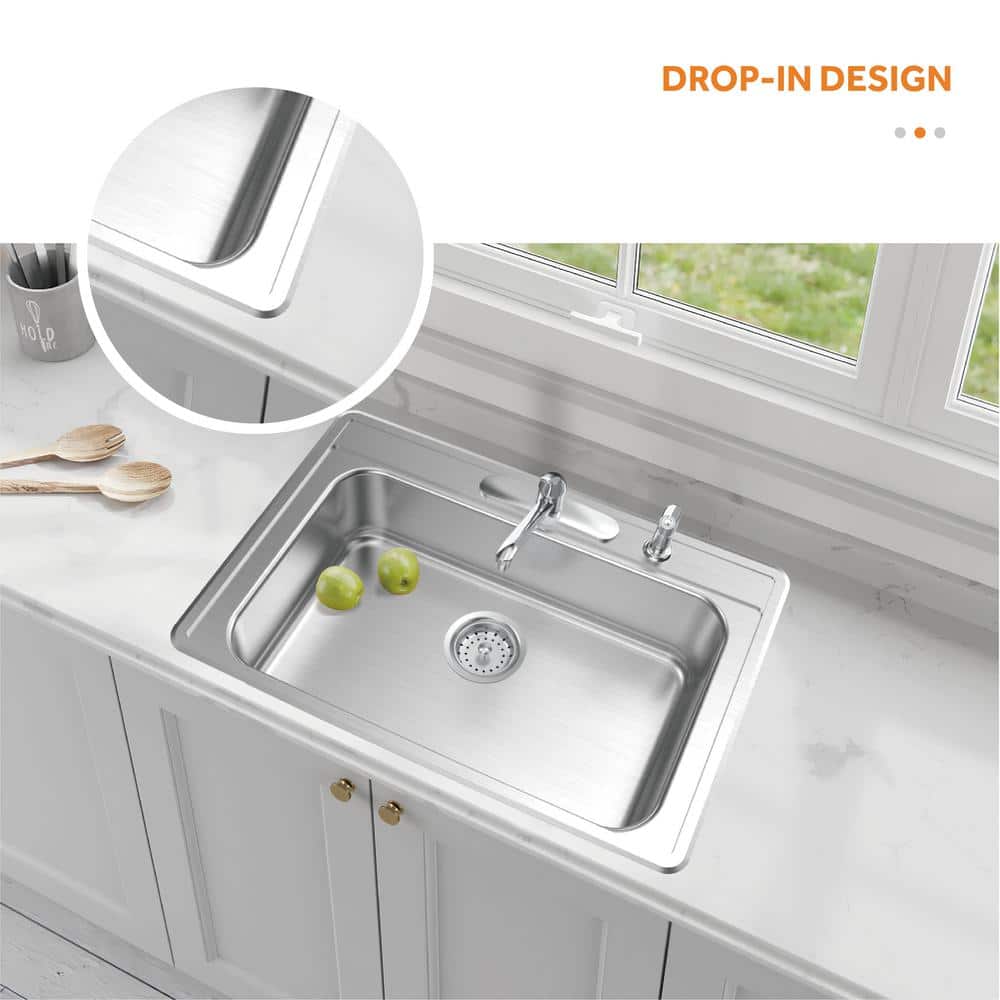 33 in. Drop-In Single Bowl 20 Gauge Stainless Steel Kitchen Sink - Hercitys