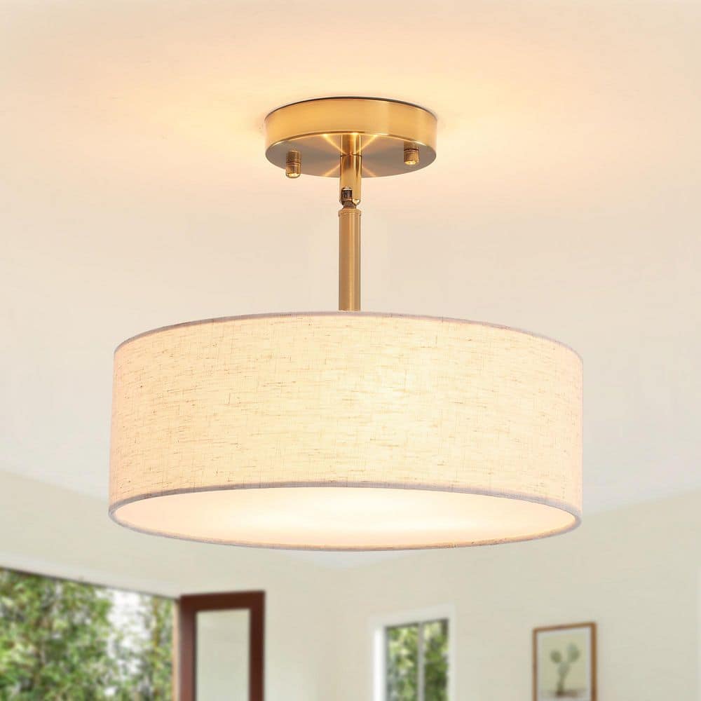 12.6 in. 3-Light Gold Farmhouse Drum Semi-Flush Mount Light with Linen Cover - Hercitys