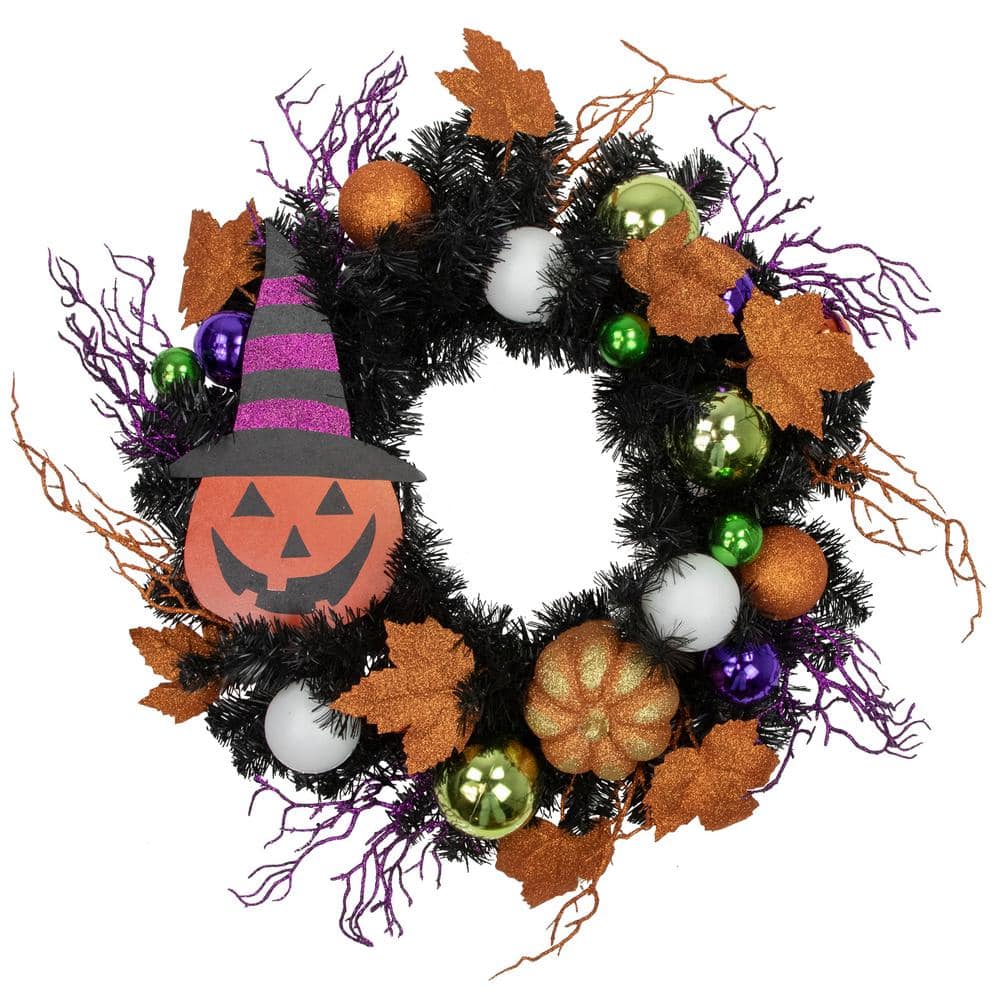 24 in. Black Unlit Jack-O-Lantern in Witches Hat Halloween Wreath - Hercitys