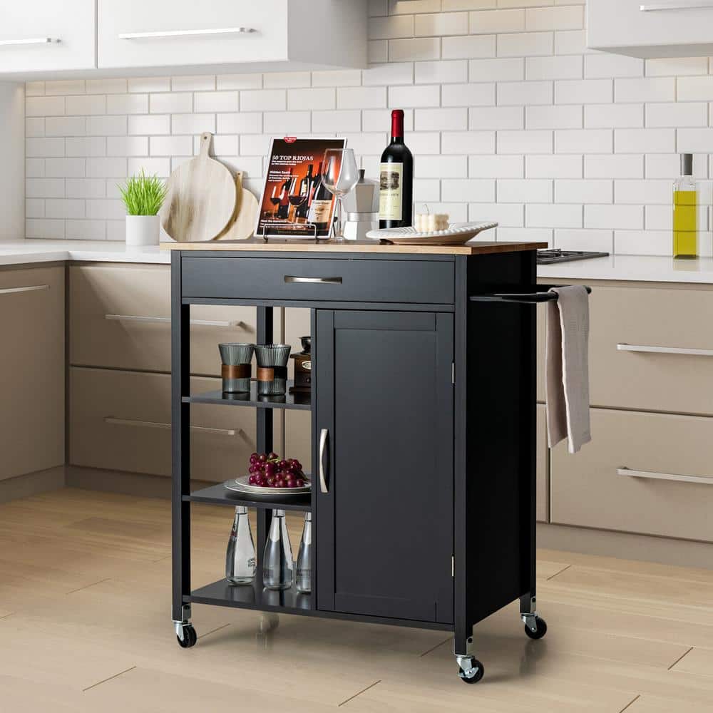 34.5 in. Black Wood Kitchen Cart Island with Rubber Wood Top - Hercitys