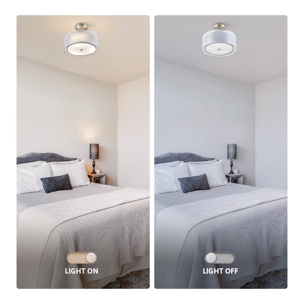 13 in. 3-Light Gray Semi-Flush Mount Ceiling Light Fixture Drum Light Fixture with 2-Layer Fabric Shade - Hercitys