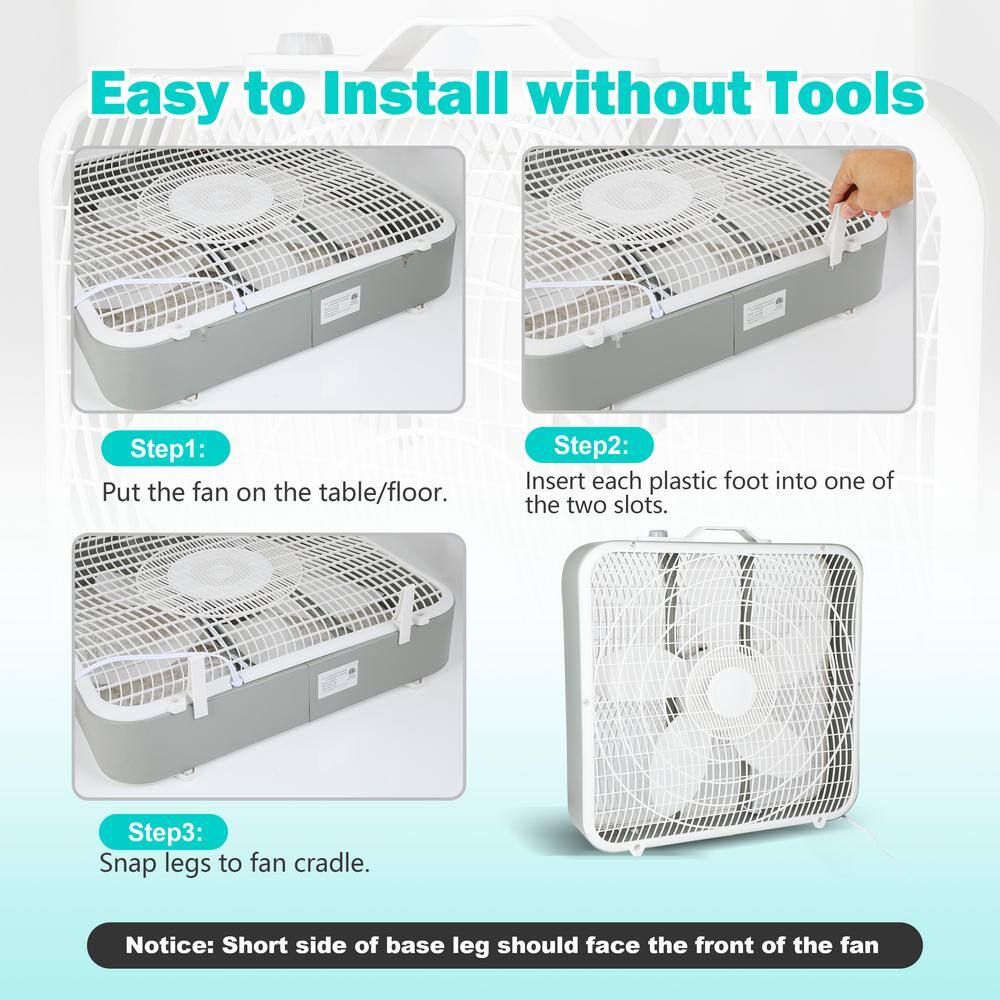 20 in. 3 fan speeds Portable Box Fan in White Aerodynamic Shaped Fan Blades Convenient Carry Handle and Safety Grills - Hercitys