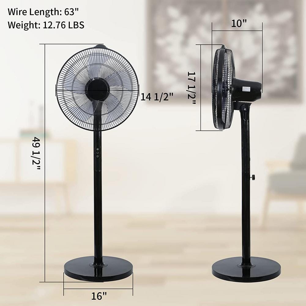 14.5 in. 12 Fan Speeds Pedestal Fan in Black with Remote Control, 90-Degree Horizontal Oscillating, 9-Hours Timer - Hercitys