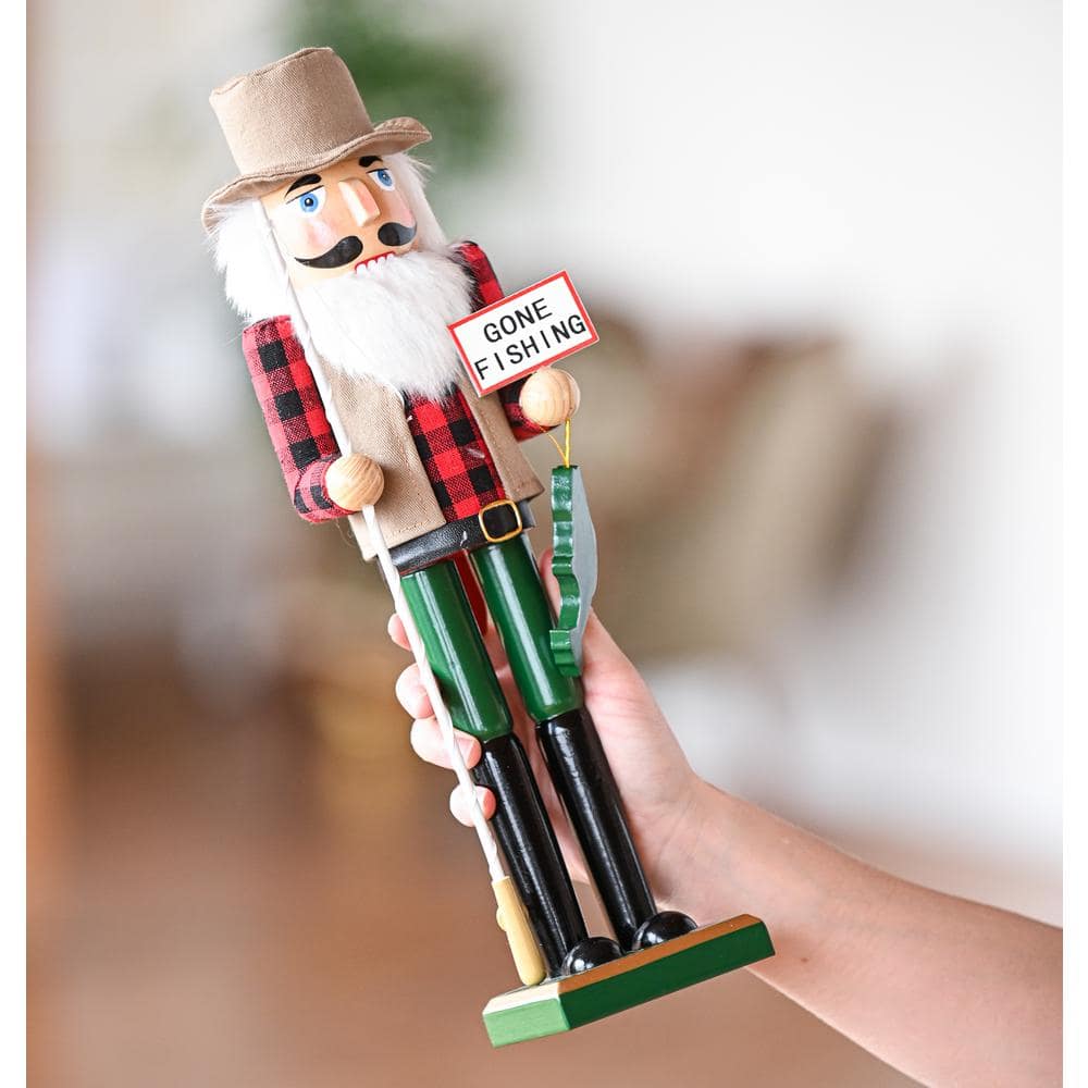 15 in. Wooden Christmas Fisher Man Nutcracker – Red and Green Fisherman Nutcracker with Fishing Rod and Fish in Hand - Hercitys